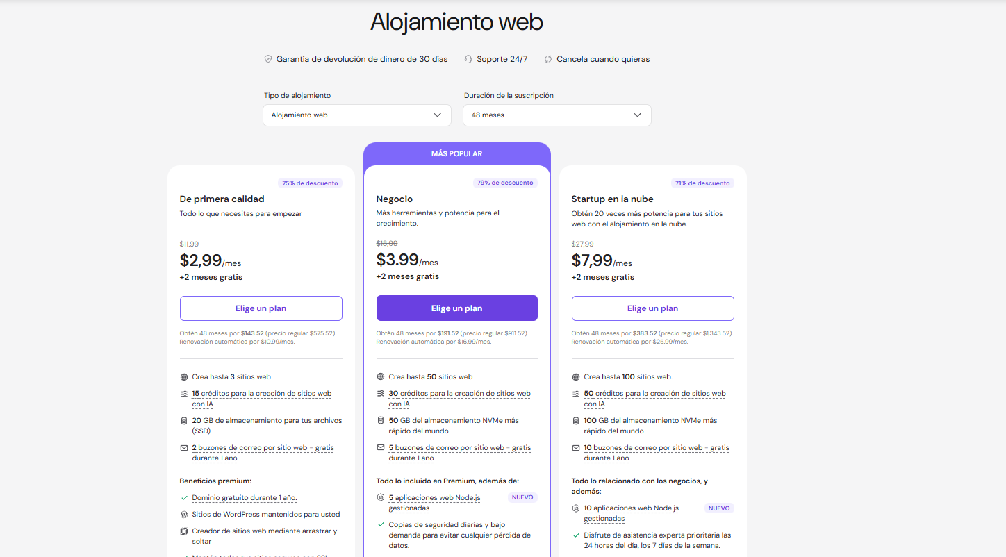 Planes y precios de hosting en Hostinger 2026
