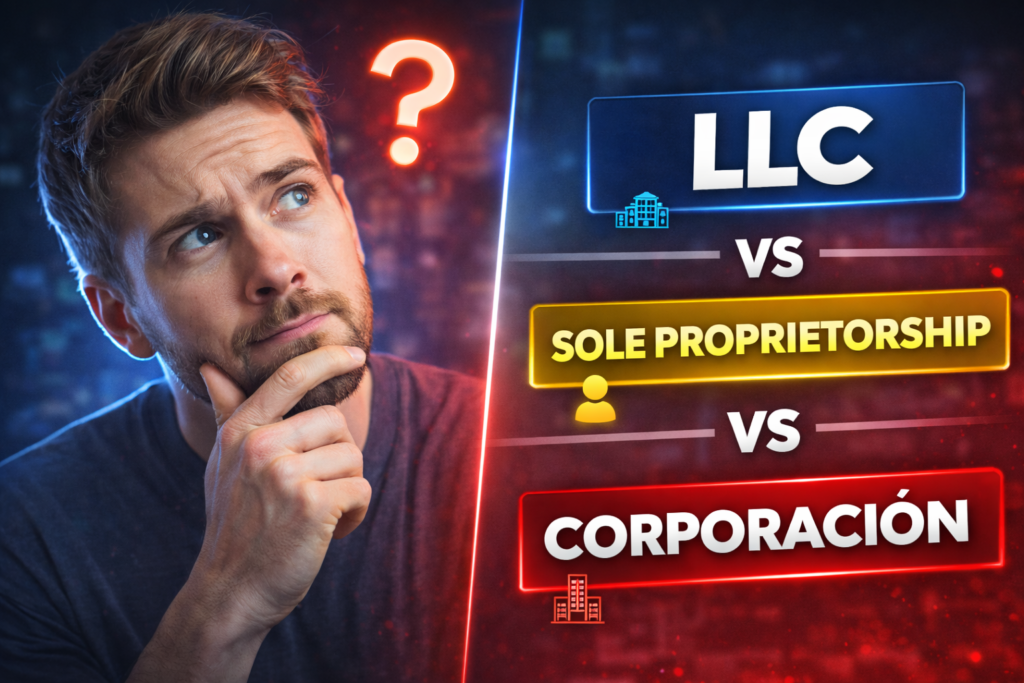 Comparación entre LLC, Sole Proprietorship y Corporation en Estados Unidos para registrar un negocio correctamente